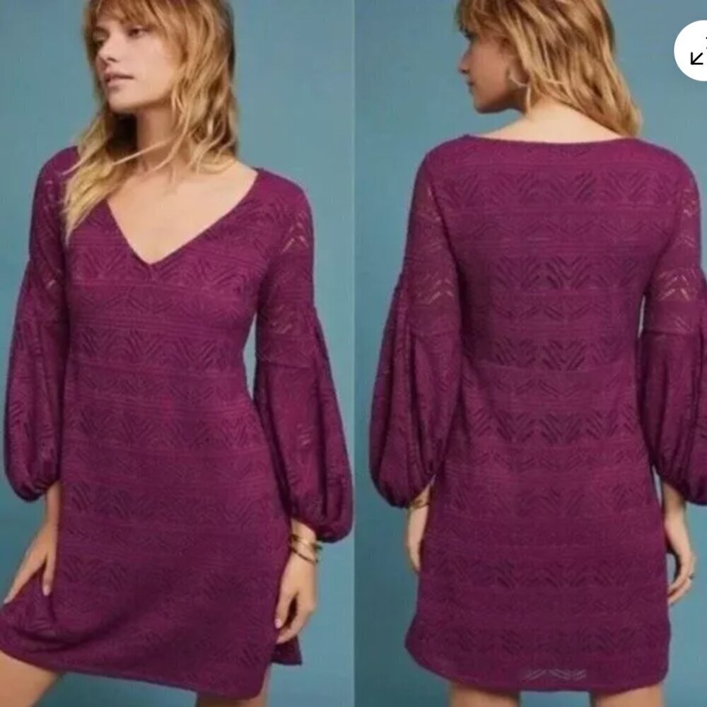 ANTHROPOLOGIE Maeve Purple Stretch Lace Balloon Sleeve Swing Dress - size small